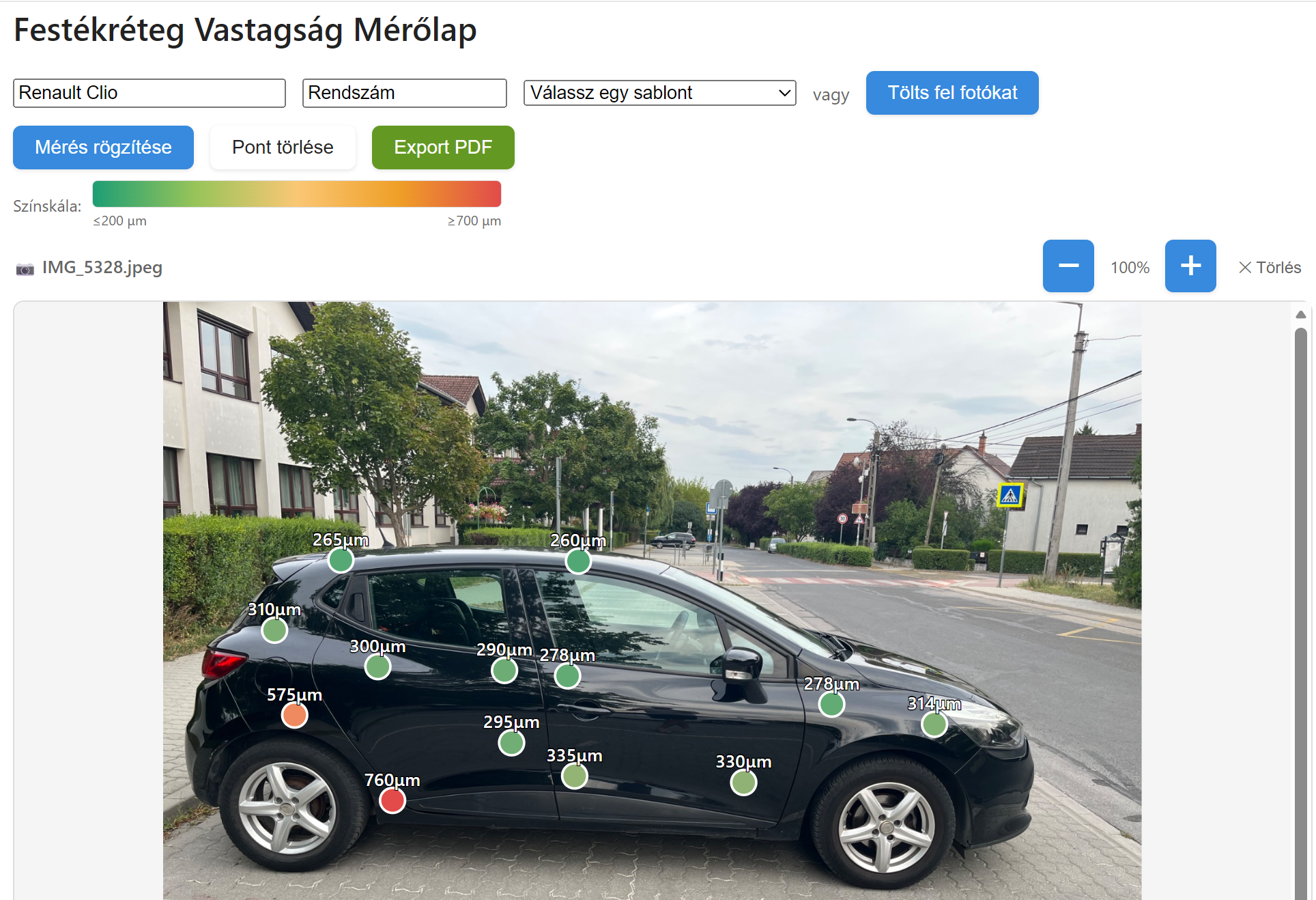 Festékréteg vastagság mérés fotón, mérési pontokkal